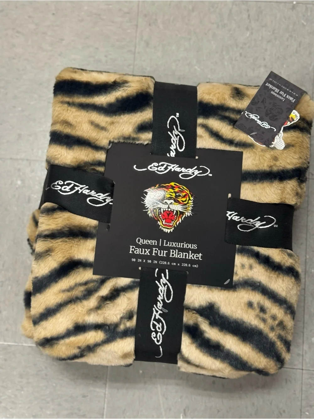 Ed Hardy Faux Fur Tiger Print Blanket - Beige & Black